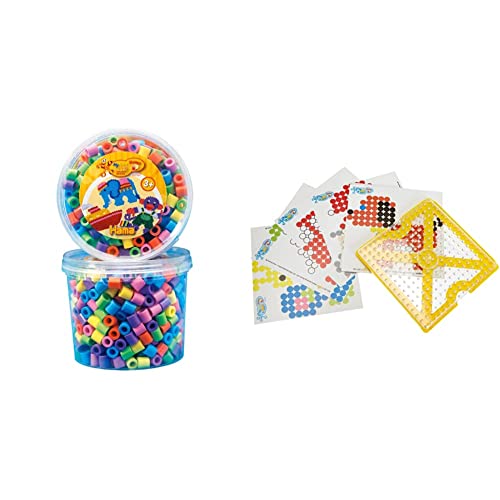 Hama Perlen Bügelperlen Dose mit ca. 600 bunten Maxi Bastelperlen mit Durchmesser 10 mm im Pastellmix & Set mit Motiv Rahmen für Maxi Bügelperlen mit Durchmesser 10 mm, Stiftplatte und 10 Motivkarten von Hama Perlen