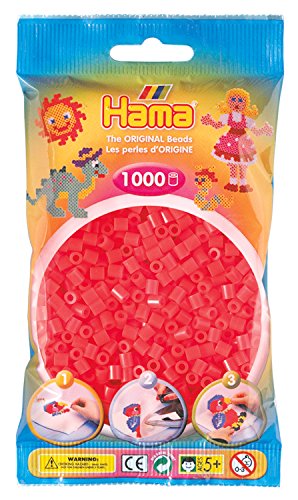Hama Perlen 207-35 Bügelperlen Beutel mit ca. 1.000 Midi Bastelperlen mit Durchmesser 5 mm in Neon Rot, kreativer Bastelspaß für Groß und Klein von Hama