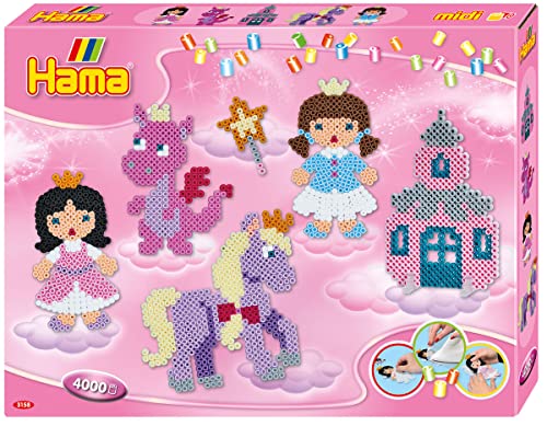 Hama Perlen 3158 Großes Geschenk-Set Fantasy Fun mit ca. 4.000 bunten Midi Bügelperlen mit Durchmesser 5 mm, 2 Stiftplatten, inkl. Bügelpapier, kreativer Bastelspaß für Mädchen von Hama