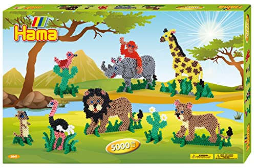 Hama Perlen 3041 Geschenk-Set Safari mit ca. 5.000 bunten Midi Bügelperlen mit Durchmesser 5 mm, Motivvorlagen und 5 Stiftplatten, inkl. Bügelpapier, kreativer Bastelspaß für Groß und Klein von HAMA