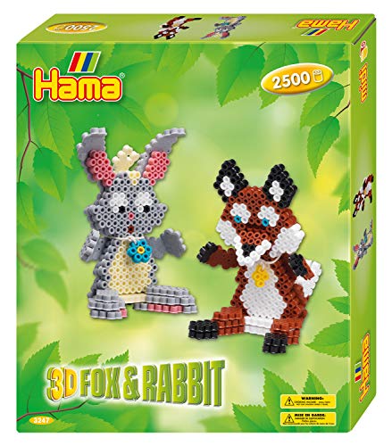 Hama Perlen 3247 Geschenk-Set 3D Fuchs und Hase mit ca. 2.500 bunten Midi Bügelperlen mit Durchmesser 5 mm, Motivvorlage und Stiftplatte, inkl. Bügelpapier, kreativer Bastelspaß für Groß und Klein von Hama