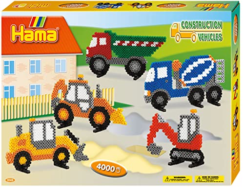 Hama Perlen 3143 Geschenk-Set Baufahrzeuge mit ca. 4.000 bunten Midi Bügelperlen mit Durchmesser 5 mm, Stiftplatte, inkl. Bügelpapier, kreativer Bastelspaß für Groß und Klein von Hama