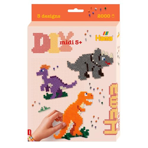 Hama Perlen 3434 Geschenk-Set Dino mit ca. 2.000 bunten Midi Bügelperlen mit Durchmesser 5 mm, Stiftplatte, inkl. Bügelpapier, kreativer Bastelspaß für Groß und Klein von Hama