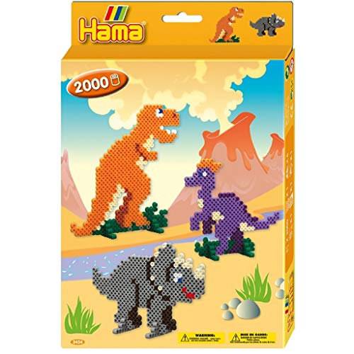 Hama Perlen 3434 Geschenk-Set Dino mit ca. 2.000 bunten Midi Bügelperlen mit Durchmesser 5 mm, Stiftplatte, inkl. Bügelpapier, kreativer Bastelspaß für Groß und Klein von Hama