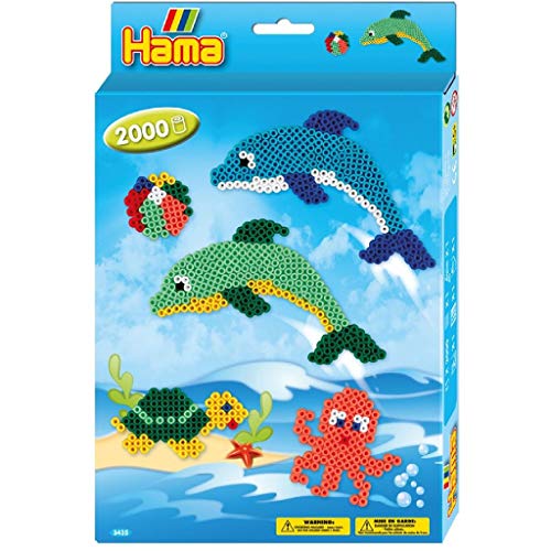 Hama Perlen 3435 Geschenk-Set Delfine mit ca. 2.000 bunten Midi Bügelperlen mit Durchmesser 5 mm, 2 Stiftplatten, inkl. Bügelpapier, kreativer Bastelspaß für Groß und Klein von Hama