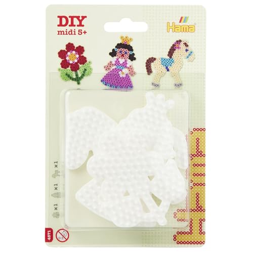 Hama Perlen 4571 Kleine Stiftplatten 3er Set für Midi Bügelperlen mit Durchmesser 5 mm, Motive Pony, Blume und Prinzessin in weiß, kreativer Bastelspaß für Groß und Klein von Hama