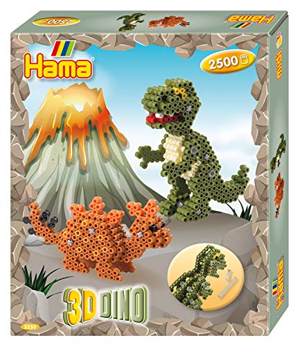 Hama Perlen 3250 Geschenk-Set 3D Dinos mit ca. 2.500 bunten Midi Bügelperlen mit Durchmesser 5 mm, Motivvorlage und Stiftplatte, inkl. Bügelpapier, kreativer Bastelspaß für Groß und Klein von Hama