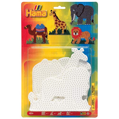 Hama Perlen 4554 Große Stiftplatten 4er Set für Midi Bügelperlen mit Durchmesser 5 mm, Tier Motive Elefant, Giraffe, Löwe, Kamel in weiß, kreativer Bastelspaß für Groß und Klein von Hama