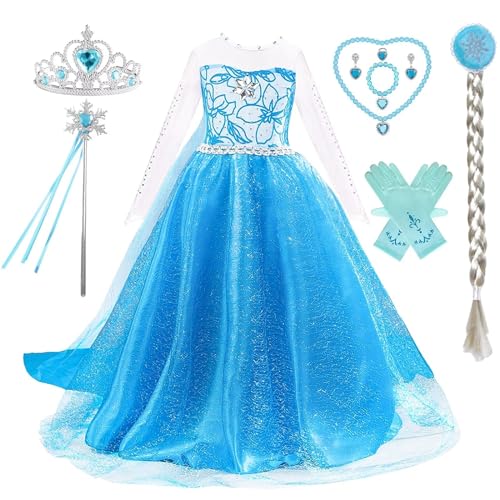 Eiskönigin Kostüm Prinzessin Elsa Mädchen mit Zubehör Kostüm Elsa Eiskönigin Langer Rock Eiskönigin Weihnachten Halloween Geburtstag Cosplay Hochzeitsfeier, 01 W-100 von Hamanasu