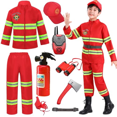 Feuerwehrmann Kostüm für Kinder Verkleidung Feuerwehrmann Chef der Feuerwehr mit 8 pcs Halloween Karneval Kinder Rollenspiel Geschenk，Red 100 von Hamanasu