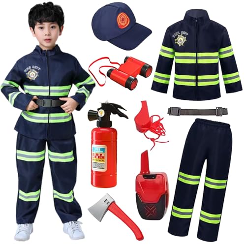 Feuerwehrmann-Kostüm für Kinder, Feuerwehrmann, Verkleidungsset mit Feuerwehrmann-Spielzeug, Zubehör, Rollenspiel-Kostüme für Jungen und Mädchen, Feuerwehrmann-Outfits, Feuerwehrmann, Halloween, von Hamanasu