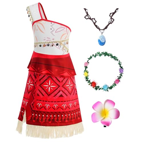 Hamanasu Vaiana Mädchen Kleid Prinzessin Vaiana Reifen Floral mit Halskette Kostüm Vaiana 2 Kinder für Geburtstag Party Karneval Halloween Cosplay Rot01 100 von Hamanasu