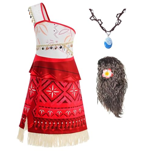 Hamanasu Vaiana Mädchen Kleid Prinzessin Vaiana Reifen Floral mit Halskette Perücke Kostüm Vaiana 2 Kinder für Geburtstag Party Karneval Halloween Cosplay Rot02 100 von Hamanasu