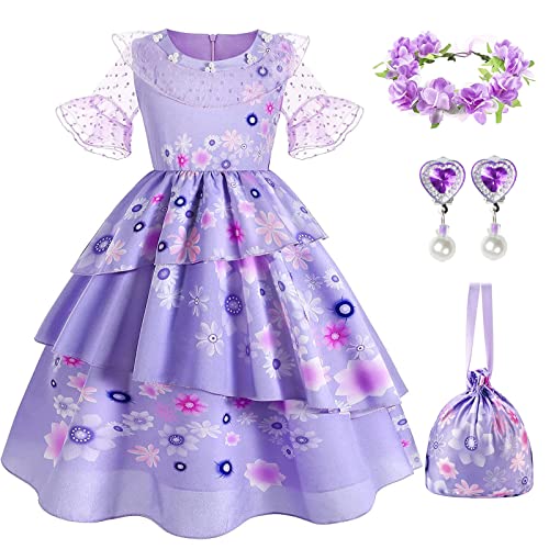 Isabela Encanto Kostüm Cosplay Prinzessin Madrigal Mirabel Isabela lila Kleid mit Girlande und Tasche für Mädchen Halloween Weihnachten Karneval Geburtstag Party Zeremonie Kleidung Purpur 120 von Hamanasu