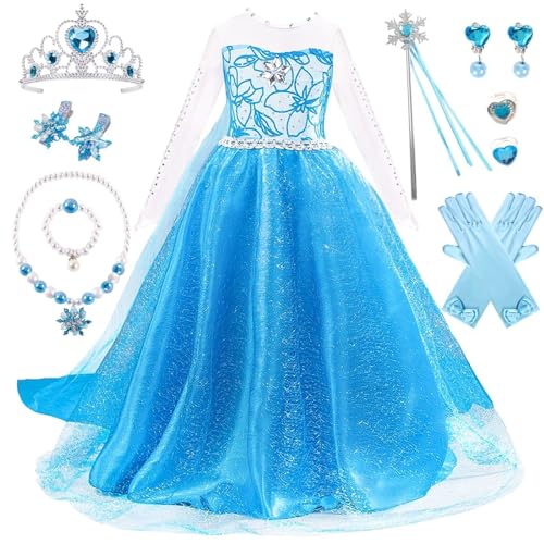 Elsa KostüM MäDchen Elsa Kleid MäDchen Frozen Elsa KostüM Kinder Mit ZubehöR KostüM Elsa EisköNigin Langer Rock EisköNigin Weihnachten Halloween Geburtstag Cosplay Hochzeitsfeier,130 von Hamanasu