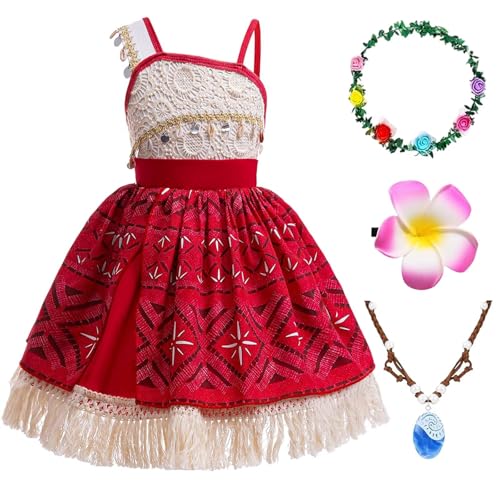 Kostüm Vaiana Mädchen Kostüm Mädchen Moana Kleid Prinzessin Vaiana Kinder mit Zubehör Dress Up Halloween Weihnachten Karneval Geburtstag Party Fransen Träger Kleid, N-110 cm von Hamanasu