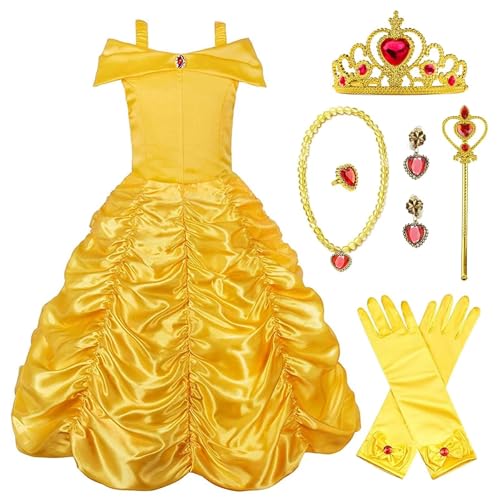 Mädchen Kostüm Prinzessin Schönes Kleid Kinder mit Krone Prinzessin Halskette Set Die Schöne und das Biest Cosplay Kleidung Geburtstag Party Weihnachten Halloween Karneval Cosplay Kleid, A-110 cm von Hamanasu