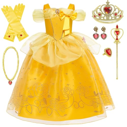 Mädchen Kostüm Prinzessin Schönes Kleid Kinder mit Krone Prinzessin Halskette Set Die Schöne und das Biest Cosplay Kleidung Geburtstag Party Weihnachten Halloween Karneval Cosplay Kleid, B-110 cm von Hamanasu