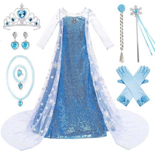 Prinzessin Elsa Kleid Mädchen Elsa Frozen Mädchen Karneval Elsa Kostüm mit Halskette Krone Zauberstab Set für Karneval Geburtstag Halloween Weihnachten, 01-100 cm von Hamanasu