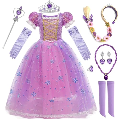 Rapunzel Kostüm Kinder Prinzessin Kleid Mädchen Rapunzel Kostüm Karneval mit Perücke Rapunzel Krone für Karneval Geburtstag Party Cosplay Weihnachten Halloween Mädchen,150cm von Hamanasu