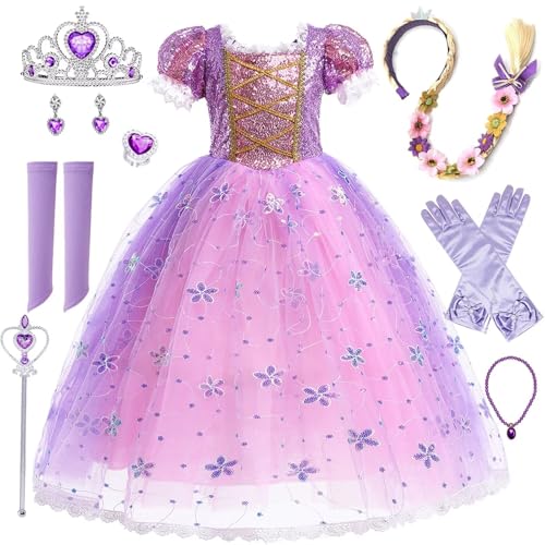 Rapunzel Dress Up für Mädchen Rapunzel Kostüme Prinzessin Verkleidung mit Krone Fee Zauberstab Halskette Sets Rapunzel Prinzessin Kleid Cosplay Kostüm für Geburtstag Halloween Weihnachten Karneval von Hamanasu