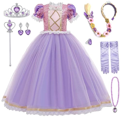 Rapunzel KostüM Kinder Rapunzel Kleid MäDchen KostüM Prinzessin KostüM MäDchen Mit ZubehöR Rapunzel Verkleidung MäDchen Geburtstag Halloween Party Weihnachten Party Karneval Cosplay Abendkleid,01-110 von Hamanasu