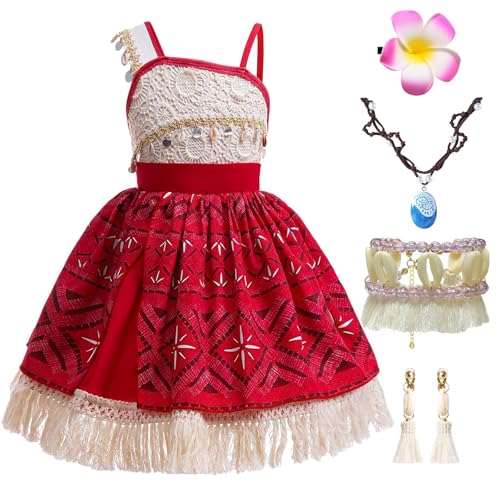 Vaiana Kostüm Mädchen Kostüm Mädchen Moana Kleid Prinzessin Vaiana Kinder mit Zubehör Dress Up Halloween Weihnachten Karneval Geburtstag Party Fransen Träger Kleid, A-90 cm von Hamanasu