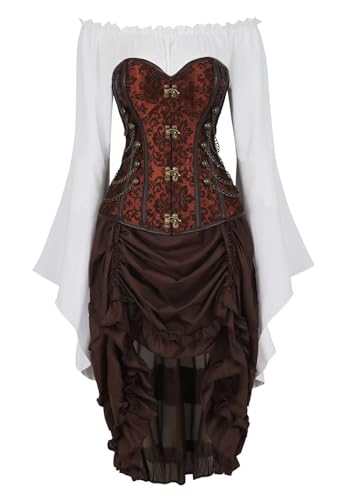 Korsettkleid, 3-teiliges Outfit für Damen, Piraten-Bustiers, Rock, weiße Bluse, Set Costumen Renaissance (C, 7XL) von Hamender