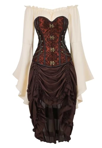 Korsettkleid, 3-teiliges Outfit für Damen, Piraten-Bustiers, Rock, weiße Bluse, Set Costumen Renaissance (D, 4XL) von Hamender