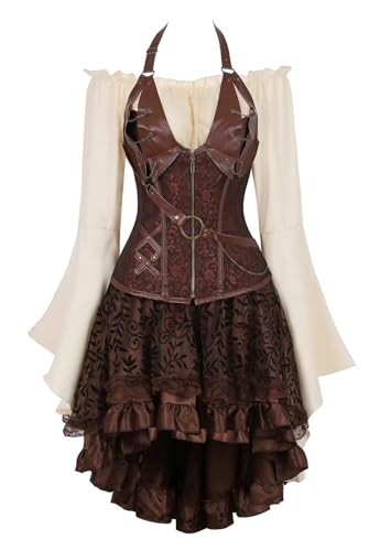 Steampunk Korsettkleid, 3-teiliges Outfit für Damen, Leder-Bustiers, Gothic-Spitze, Piratenrock, Retro, weiße Bluse (Typ 1, 5XL) von Hamender