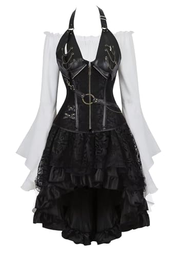 Steampunk Korsettkleid, 3-teiliges Outfit für Damen, Leder-Bustiers, Gothic-Spitze, Piratenrock, Retro, weiße Bluse (Typ 5, M) von Hamender