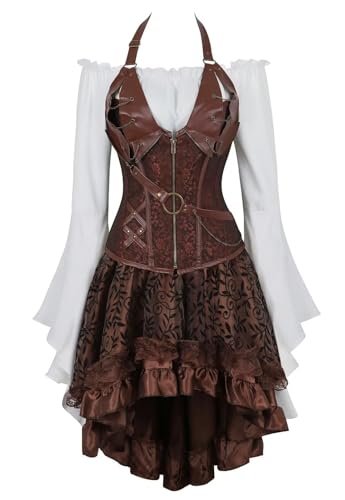 Steampunk Korsettkleid, 3-teiliges Outfit für Damen, Leder-Bustiers, Gothic-Spitze, Piratenrock, Retro, weiße Bluse (Typ 6, L) von Hamender