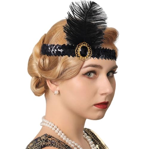 Handcess 1920er Jahre Flapper Feder Stirnband Schwarz Feder Kristall Stirnband Damen Flapper Kopfbedeckung 20er Jahre Thema Cocktail Haarschmuck für Kostüm Abschlussball Karneval Mottoparty von Handcess