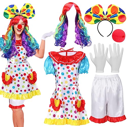 Clown-Kostüm-Set für Damen, Zirkus-Clownkleid, Regenbogen-Clown-Perücke, Stirnband, Nasen-Shorts, Handschuhe für Halloween, Cosplay, Größe XL, 6-teilig von Handepo