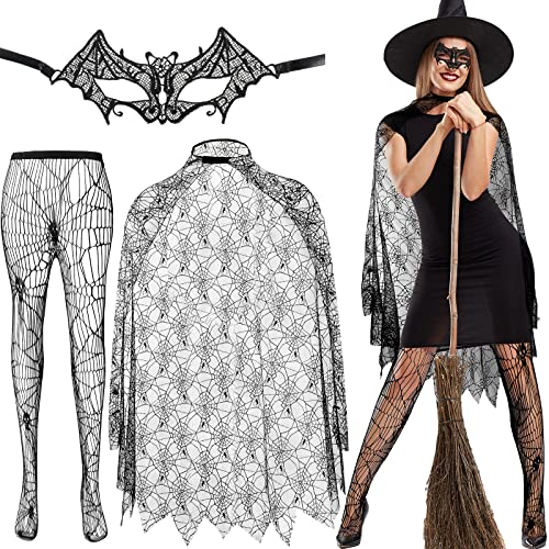 Halloween Damen Spinnennetz Kostüm Spinnennetz Poncho Spitze Gemustert Fischnetzstrümpfe Maskerade Venezianische Augenmaske für Party Kostüm Karneval Ball, Schwarz von Handepo