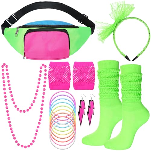 Handepo 19-teiliges 80er Jahre Kostüm Zubehör für Frauen Set Haarband Fischnetz Handschuhe Armband Ohrringe Halskette Socken Drei Taschen Neon Retro 80er Jahre Bauchtasche Festival Motto Party Vintage von Handepo