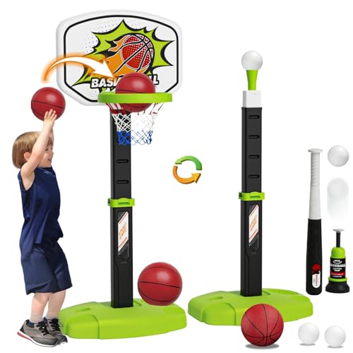 2 in 1 Kleinkind-Basketballkorb und Tee-Ball-Set für Jungen: Kinder-Baseball-T-Shirt mit automatischer Pitching-Maschine, verstellbare Höhe, Indoor- und Outdoor-Sportspielzeug, Weihnachten, von Handwell