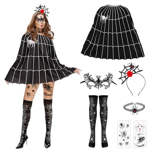 Hangsky Halloween Kostüm Spinne Damen, 7 Stück Spinnenkostüm Damen Set, Halloween Kostüm Set für Karneval Party (A) von Hangsky