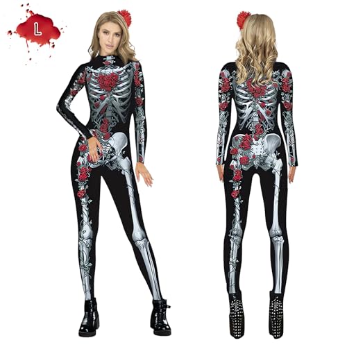 Hangsky Skelett Kostüm Damen Halloween, Halloween Kostüm Damen, Halloween Jumpsuit Damen, Tag der Toten Kostüm Damen, Skelett Kostüm Damen für Halloween Karneval Party (L) von Hangsky