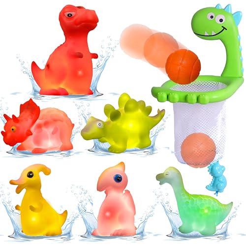 Hanmulee 10 x beleuchtetes Dinosaurier-Badespielzeug, Baby-Badespielzeug, Wasserspritzspielzeug, Badewannen-, Basketballkorb und Bälle, Set mit 3 Bällen im Lieferumfang enthalten, kein Schimmel, von Hanmulee