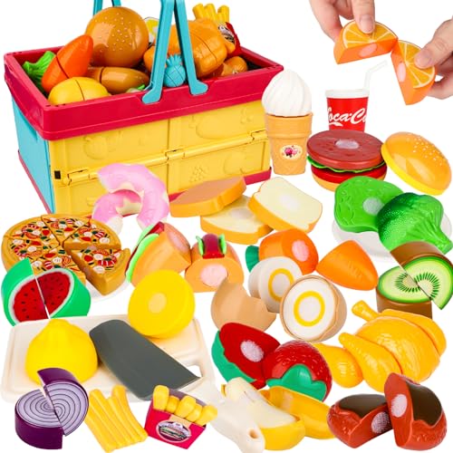 Hanmulee Kinderküche Zubehör für Kinder, 65PCS Spielküche Zubehör Pizza Fast Food Obst Schneiden Sets, Pretend Play Küchenzubehör Mit Korb, Rollenspiel Spielzeug Lernspiele Kinderspielzeug Geschenk von Hanmulee