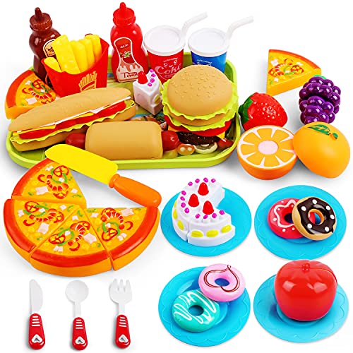 Hanmulee Pretend Play Food, 33-teiliges Schneidespielzeug mit Pizza-Hamburger-Kuchen und Früchten, Küchenspiel-Set, pädagogisches Rollenspiel-Spielzeug für Kinder, Kleinkinder von Hanmulee