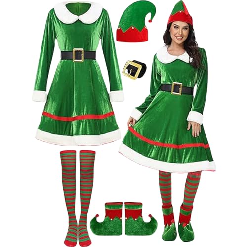 Hanraz Elfen Kostüm Damen, Weihnachtskostüm Damen, Weihnachtself, Tannenbaum Kostüm, Weihnachtswichtel Kostüm, Elfenkleid, Weihnachts Kostüm, Weihnachtsfrau Kostüm, Wichtelkostüme Erwachsene von Hanraz