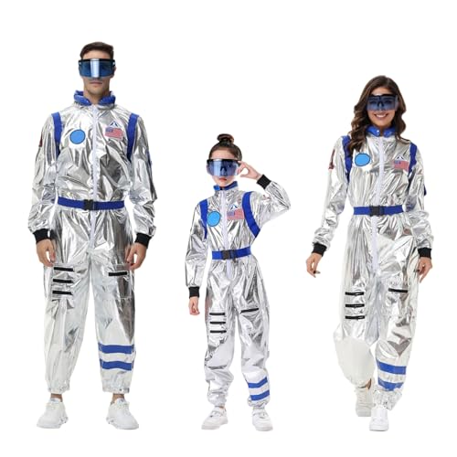 Hanraz astronaut kinder, karnevalskostüme damen, Astronauten Kostüm Familie Set Silber Weltraum Kostüm Faschingskostüme Karnevalskostüme Astronaut Overall Space Kostüm für Cosplay Karneval von Hanraz