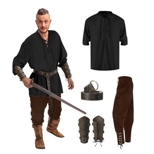 piratenkostüm herren 4xl, angebote, Piratenkostüm Herren 4 Stück Vintage Renaissance Mittelalter Gothic Mantel Herren Mittelalter Hose Herren Faschingskostüme Für Fasching Karneval von Hanraz