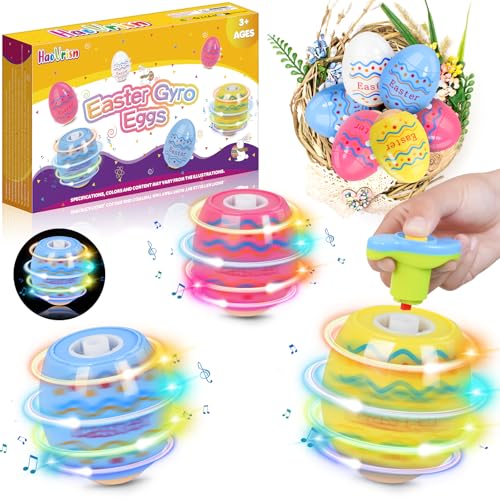 HaoVrisn Ostergeschenke Kinder ab 3 4 5 6 7 8 9 10 Jahre, 6 Stück Ostern Spinning Eier Färben Spielzeug mit Lichtern und Musik, Osterkörbchen Kinder Füllung Kleine Ostergeschenke von HaoVrisn