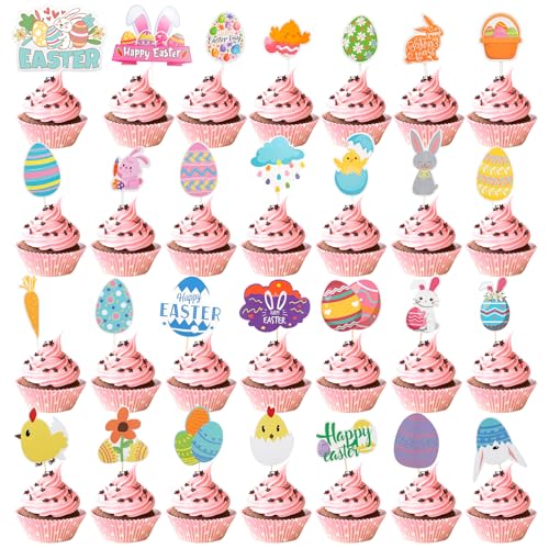 28 Stück Easter Cupcake Toppers, Ostern Tortendeko Hase Cupcake Toppers, Ostereiersuche Topper mit Klebepunkt, Bunte Dekoration Osterfest, Cupcake-Picker für Ostern für Mottopartys zu Ostern von Haocjanc