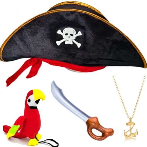 Piratenhut und gefüllte Schultern, Papageien- und Piratenschwert und Anker-Halskette, Piratenkostüm-Zubehör, Piraten-Totenkopf-Aufnäher, für Damen, Herren, Kinder, Erwachsene, Halloween, Schulshows Piratenhut und gefüllte Schultern, Papageien- und Piratenschwert und Anker-Halskette, Piratenkostüm-Zubehör, Piraten-Totenkopf-Aufnäher, für Damen, Herren, Kinder, Erwachsene, Halloween, Schulshows von Haokixin