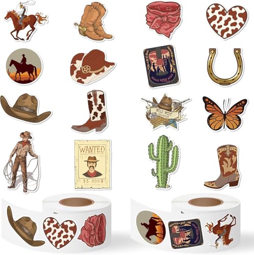 Haooryx Western Cowboy Aufkleber, 1000 Stück (2 Rollen), 16 Designs, Cowboy Hut, Stiefel, Kaktus, Kinder, Jungen, Geschenk, Wasserflasche, Schmuckkasten, Geschenkpapier, Dekoration von Haooryx