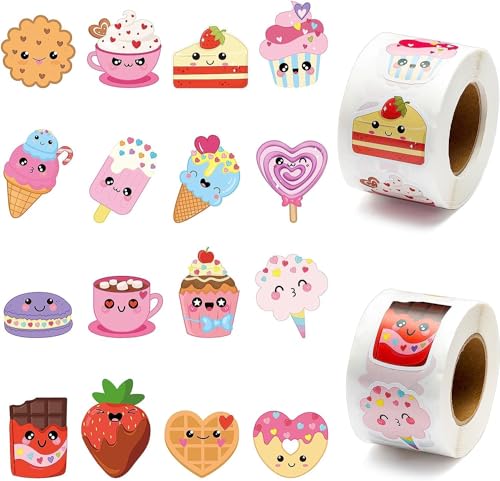 Haooryx 1000pcs Valentine' s Sweet Dessert Sticker Rolls für Kinder 16 Designs Kuchen Eiscreme Keks Schokolade Selbstklebende dekorative Abziehbilder Geburtstag Weihnachten Geschenk Füller Zubehör von Haooryx